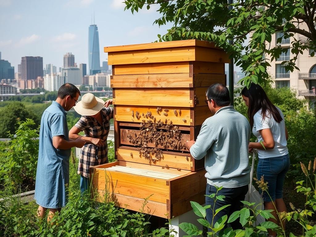 Immagine di un apiario urbano con persone che partecipano a un workshop
