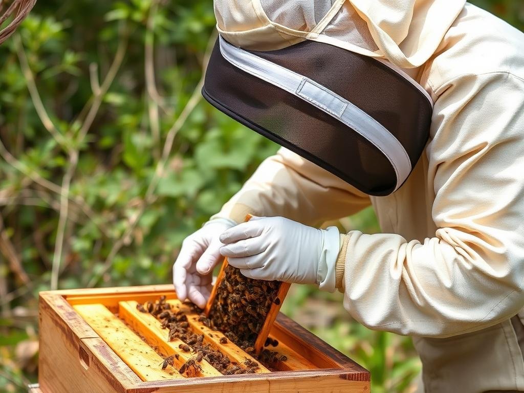 Immagine di un apicoltore che applica un trattamento contro la Varroa