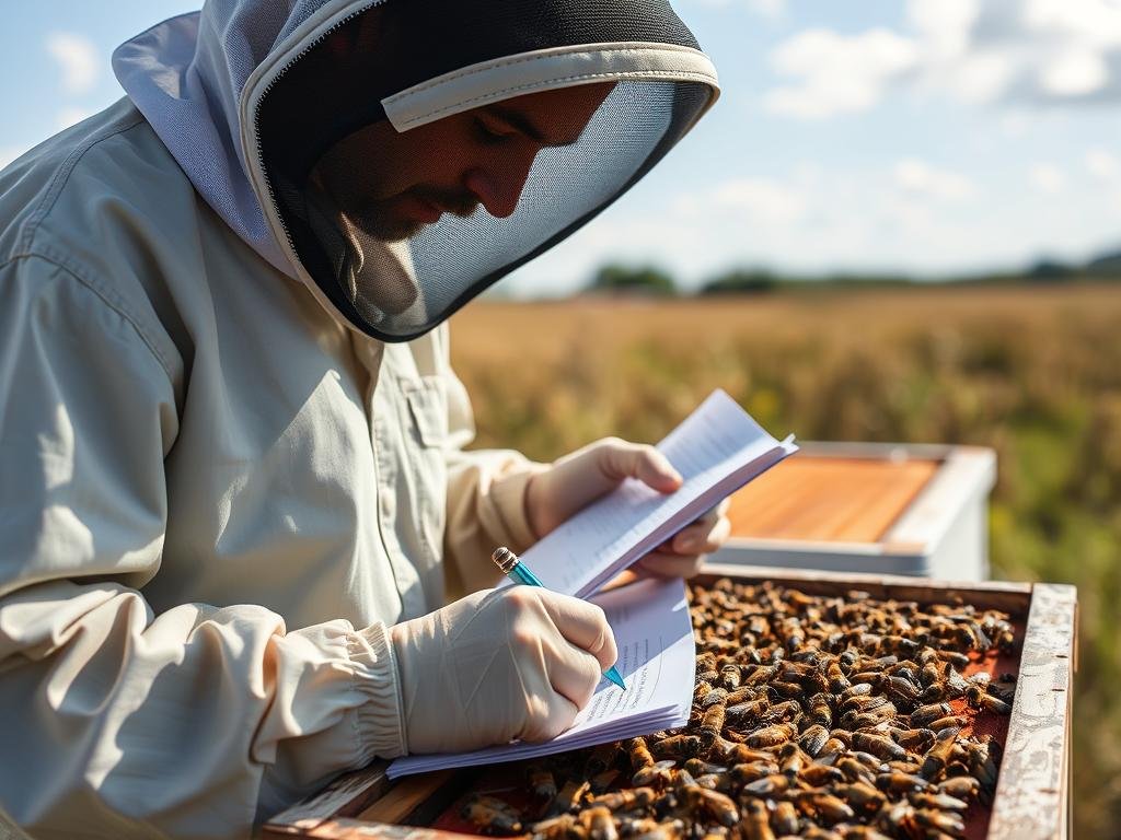 Immagine di un apicoltore che compila la documentazione necessaria per il trasporto di api.