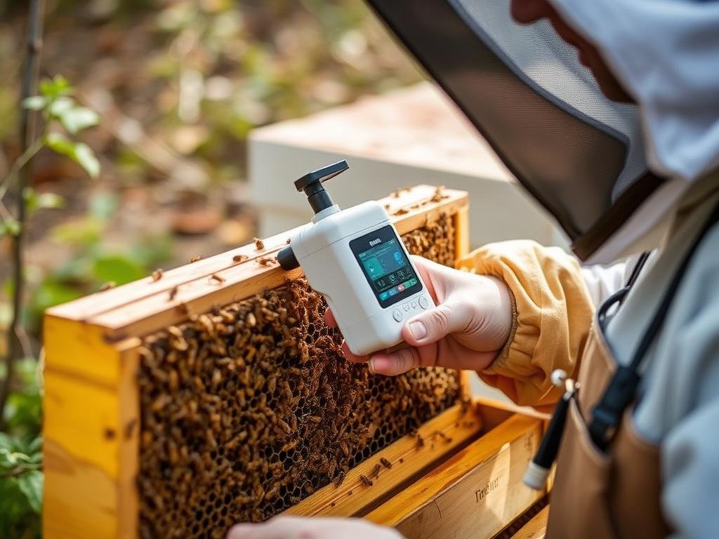 Immagine di un apicoltore che controlla un alveare con un dispositivo di monitoraggio remoto