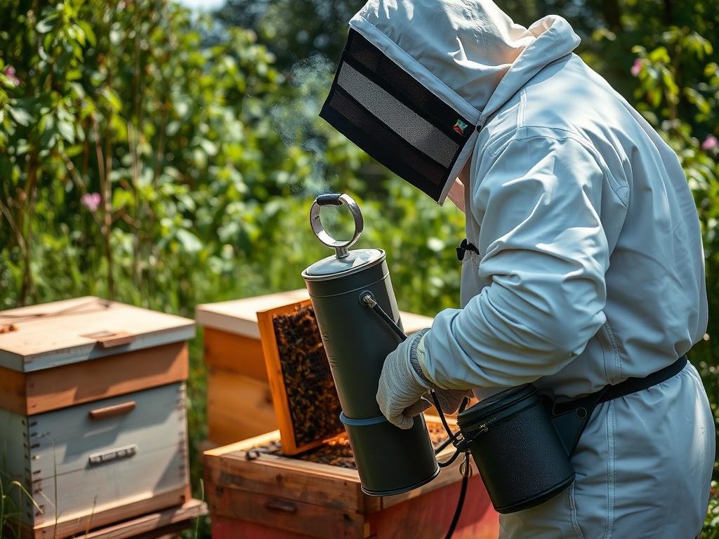 Immagine di un apicoltore che indossa l'abbigliamento protettivo e utilizza l'affumicatore vicino a un alveare.