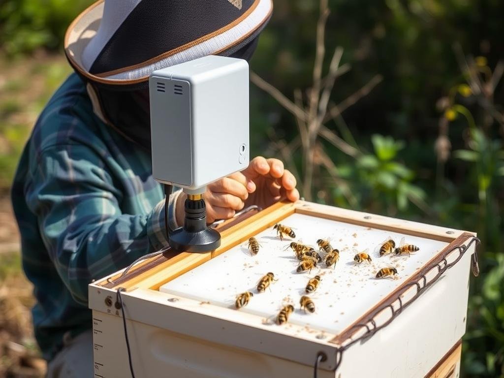 Immagine di un apicoltore che installa un sistema di monitoraggio su un alveare