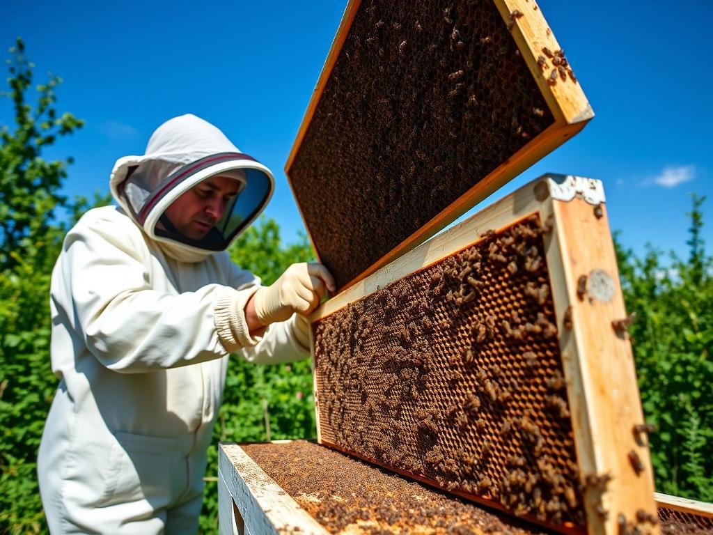 Immagine di un apicoltore che ispeziona un alveare