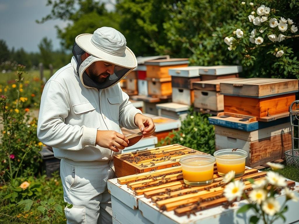 Immagine di un apicoltore che prepara nutrizioni artigianali per api Immagine di un apicoltore che prepara nutrizioni artigianali per api