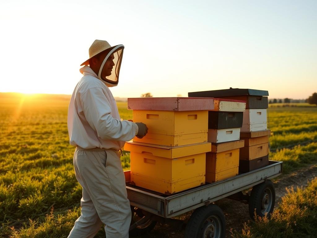 Immagine di un apicoltore che trasporta alveari