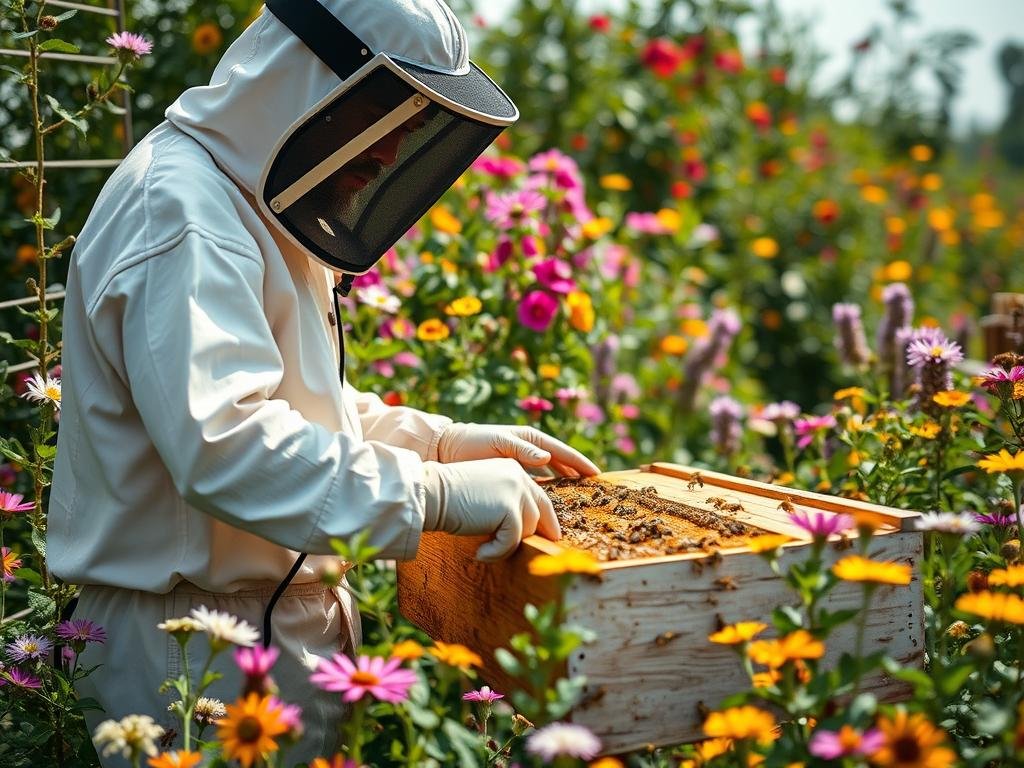 Immagine di un apicoltore che utilizza attrezzature moderne in un apiario