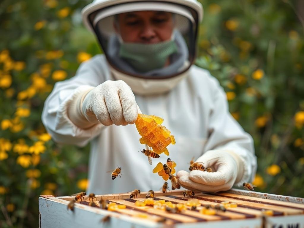 Immagine di un apicoltore che utilizza candito per api Borvei