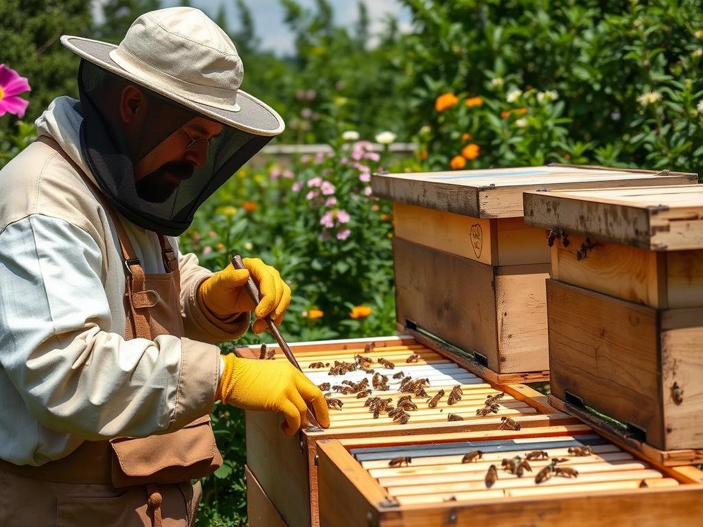 Immagine di un apicoltore che utilizza strumenti per l'ispezione delle arnie