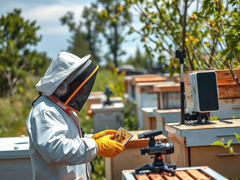Immagine di un apicoltore che utilizza strumenti tecnologici avanzati per monitorare gli alveari
