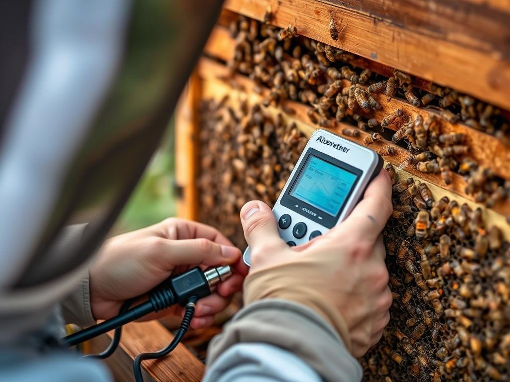 Immagine di un apicoltore che utilizza un accelerometro per monitorare le vibrazioni all'interno di un alveare.