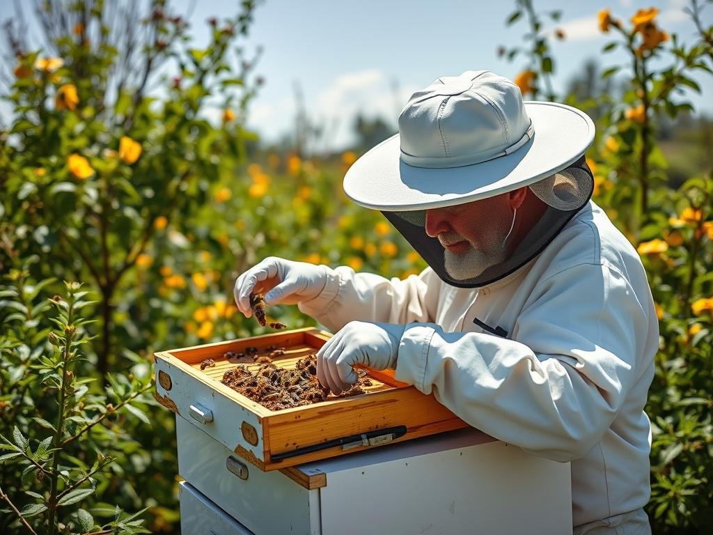 Immagine di un apicoltore che utilizza un cassetto diagnostico per controllare la salute delle api