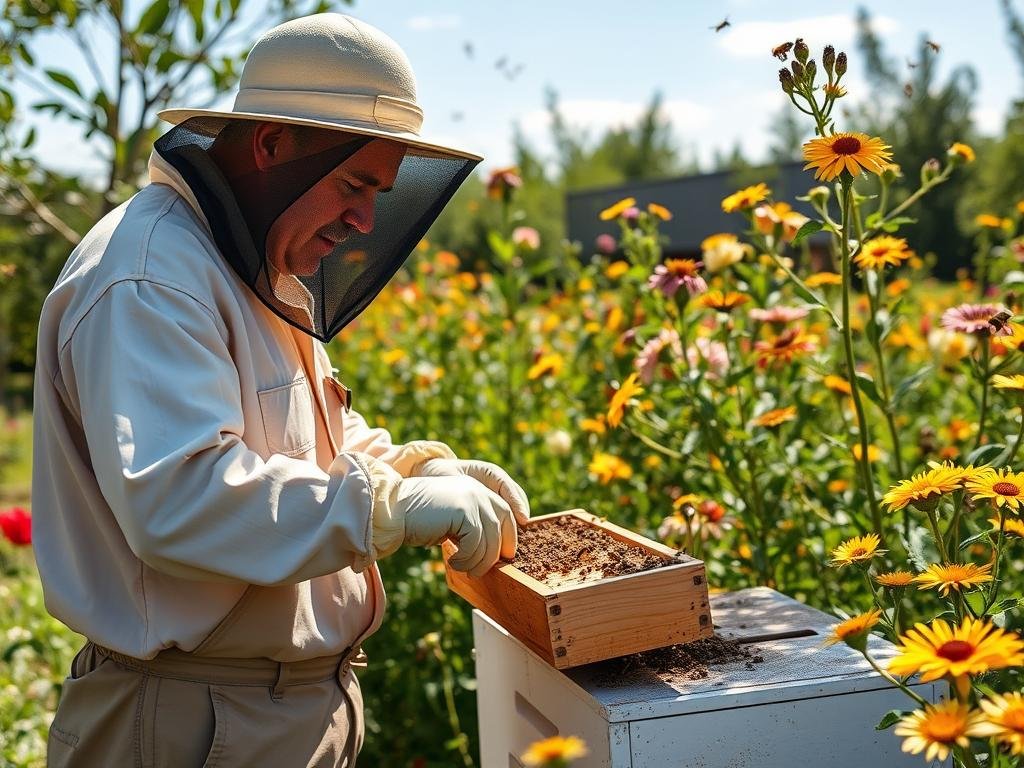 Immagine di un apicoltore che utilizza un nutritore per api