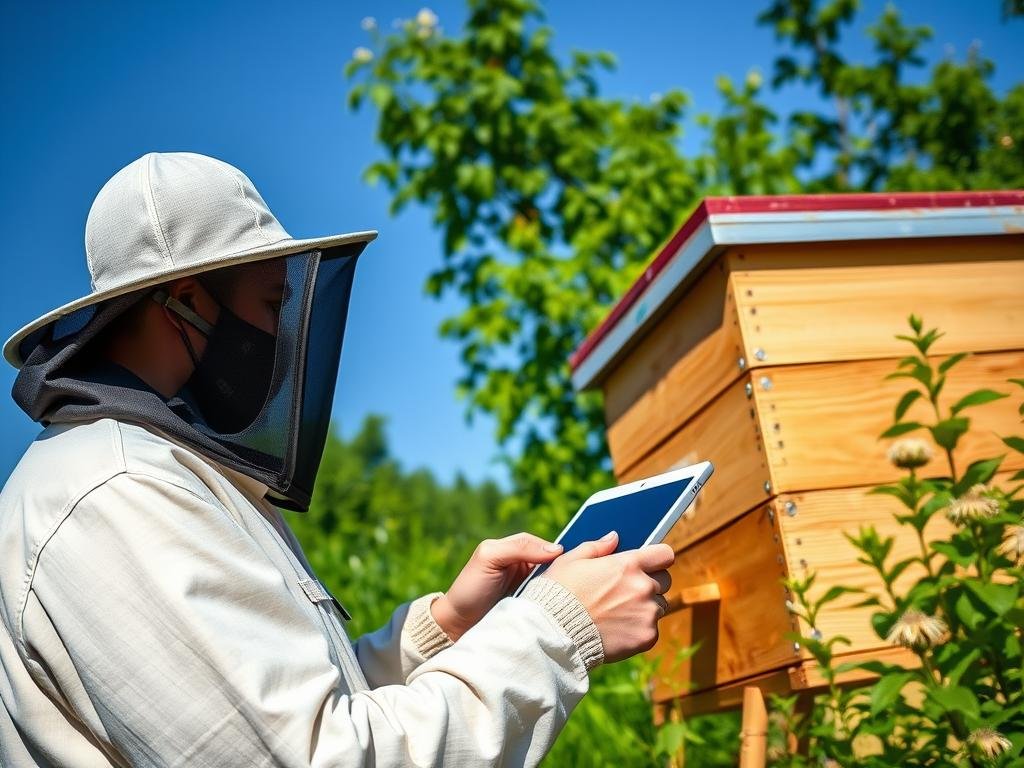 Immagine di un apicoltore che utilizza un tablet per monitorare l'apiario Immagine di un apicoltore che utilizza un tablet per monitorare l'apiario