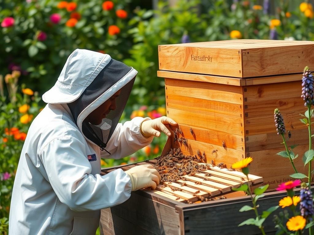 Immagine di un apicoltore con attrezzatura di sicurezza completa Immagine di un apicoltore con attrezzatura di sicurezza completa