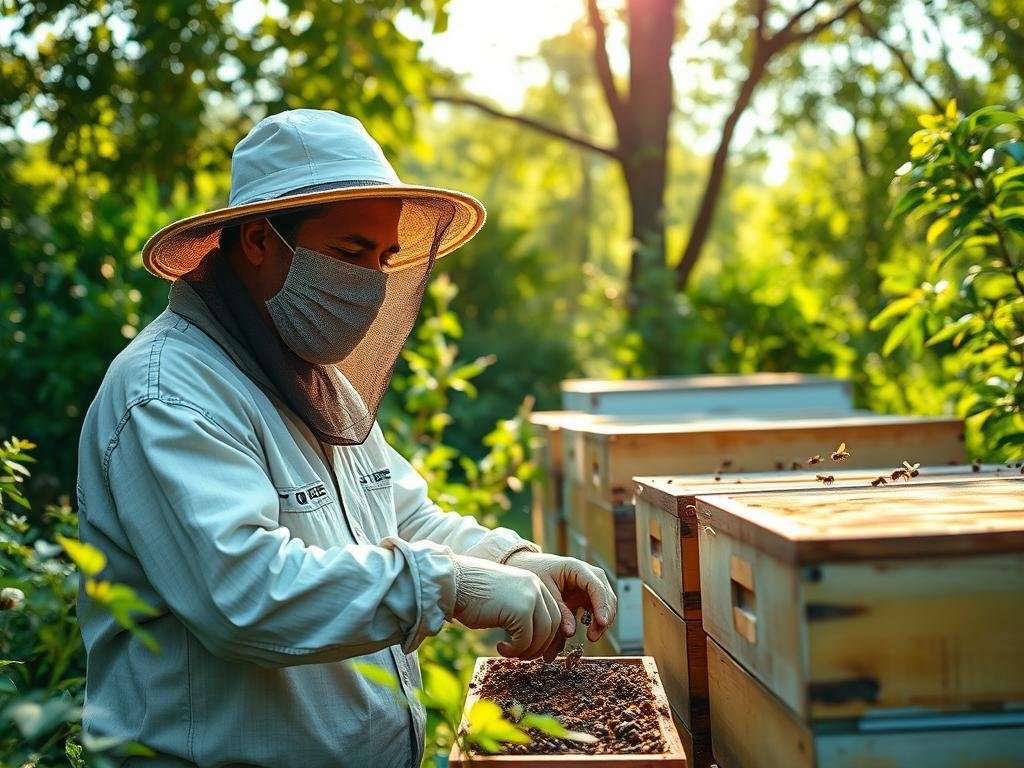 Immagine di un apicoltore con maschera e velo Immagine di un apicoltore con maschera e velo