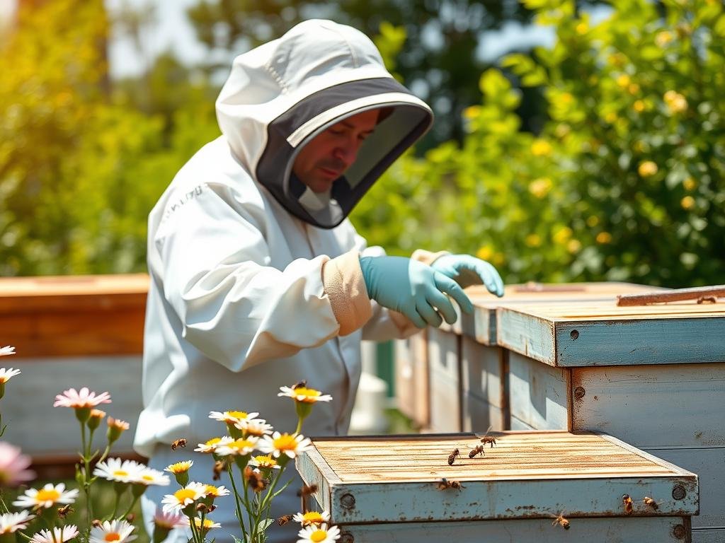 Immagine di un apicoltore con tuta e guanti