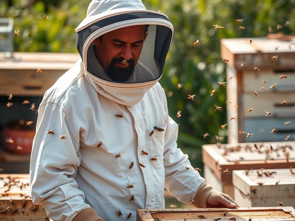 Immagine di un apicoltore con tuta protettiva completa