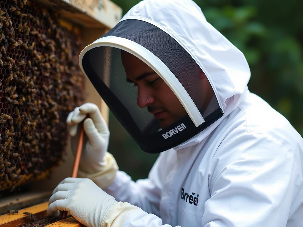 Immagine di un apicoltore mentre esamina un alveare con attrezzatura professionale Borvei Immagine di un apicoltore mentre esamina un alveare con attrezzatura professionale Borvei