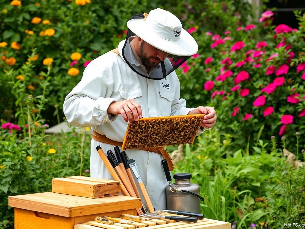 Immagine di un apicoltore principiante con l'attrezzatura completa