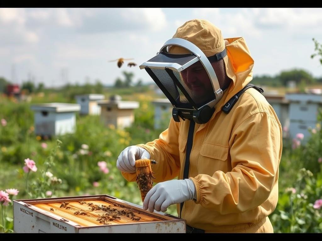 Immagine di un apicoltore professionista che utilizza attrezzature specializzate per il nomadismo apistico