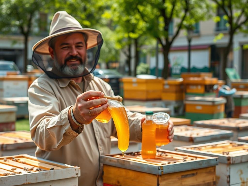 Immagine di un apicoltore urbano che offre miele di alta qualità