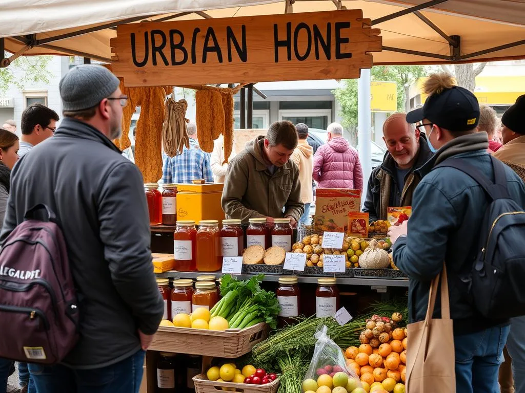 Immagine di un banco al mercato locale che vende miele urbano