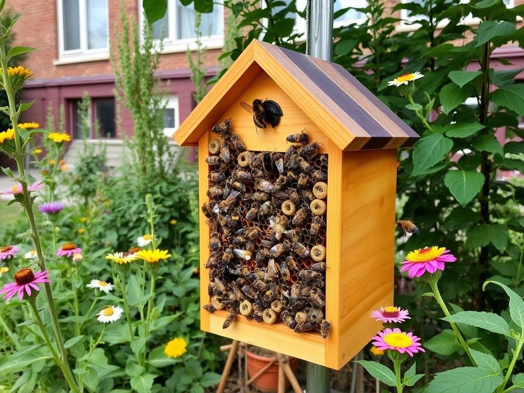 Immagine di un bee hotel installato in un giardino urbano