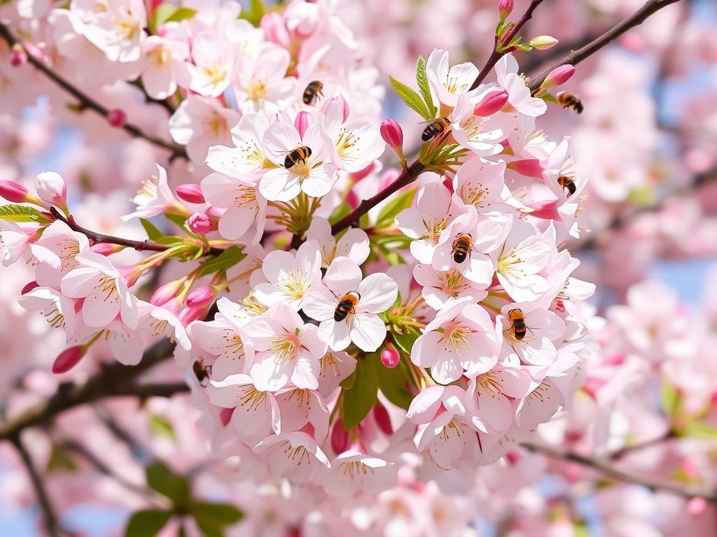 Immagine di un ciliegio in fioritura con api