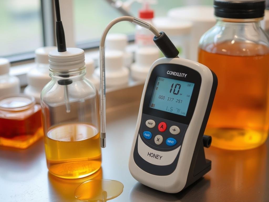 Immagine di un conduttimetro in uso per l'analisi del miele Immagine di un conduttimetro in uso per l'analisi del miele