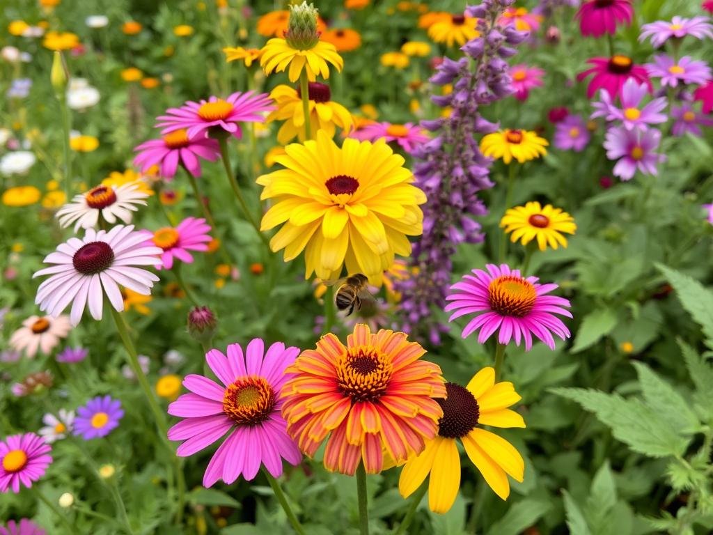 Immagine di un giardino colorato con varie piante floreali che attirano le api