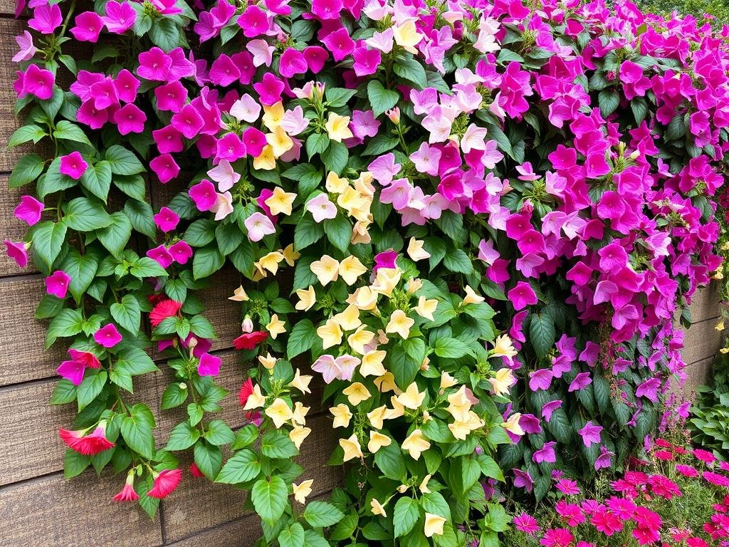 Immagine di un giardino con piante rampicanti fiorite