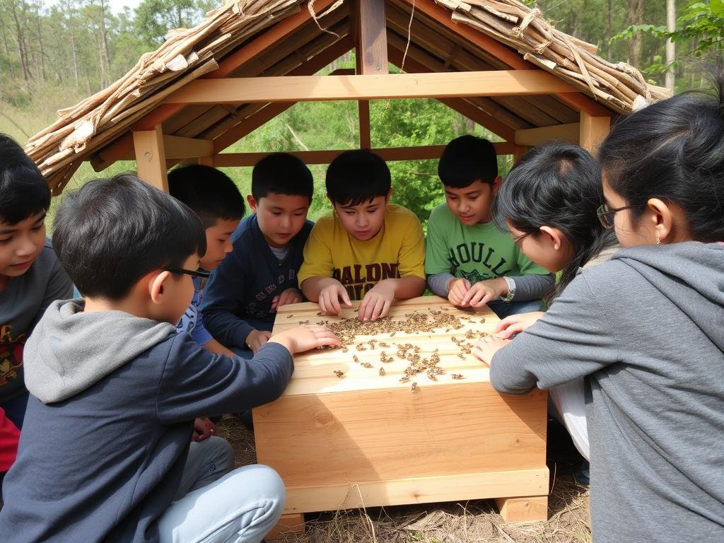 Immagine di un gruppo di studenti che costruiscono un hotel per api selvatiche