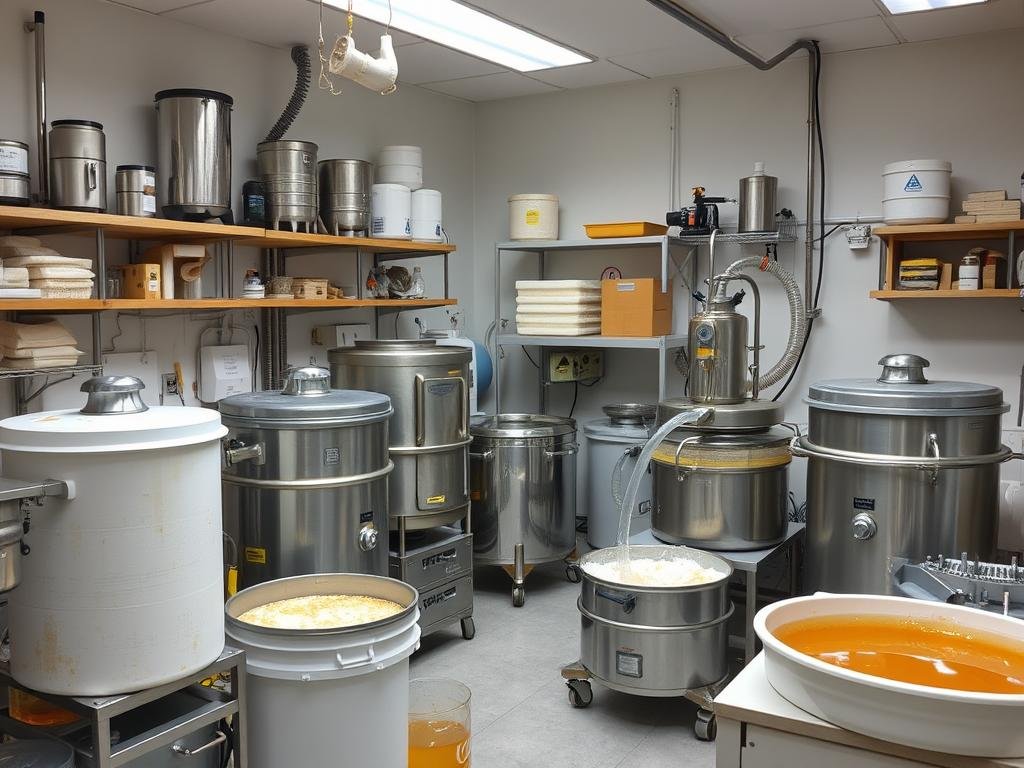 Immagine di un laboratorio di smielatura con attrezzature per la lavorazione del miele