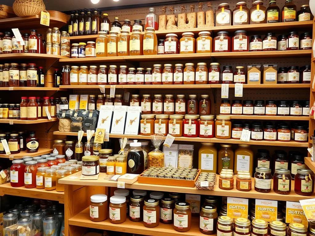 Immagine di un negozio specializzato in prodotti apistici con varietà di mieli