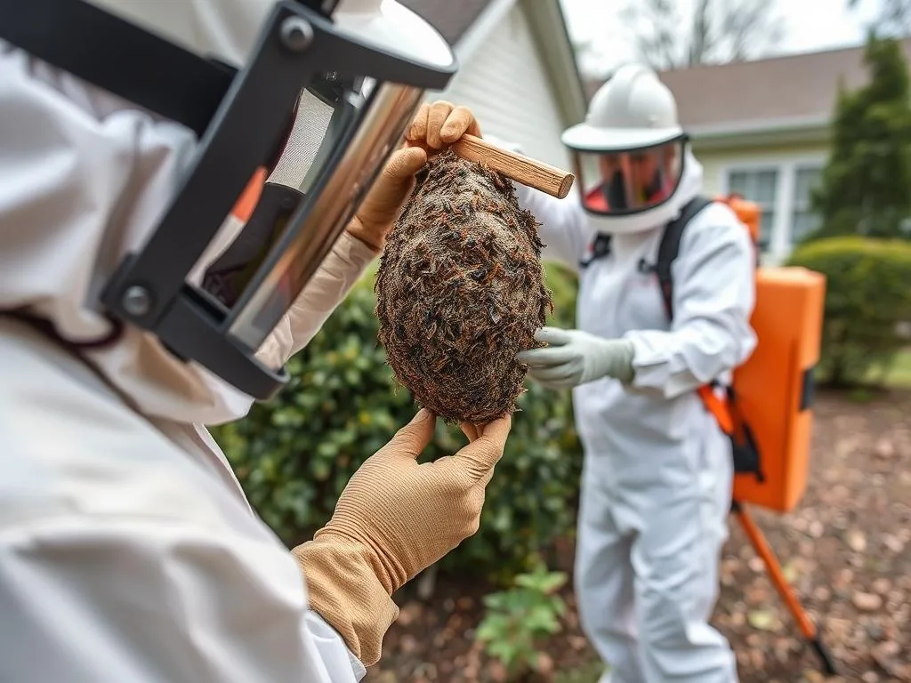 Immagine di un professionista della disinfestazione mentre rimuove un nido di vespe