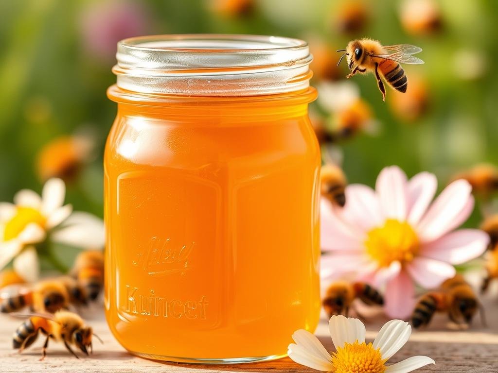 Immagine di un vaso di miele millefiori con api sullo sfondo