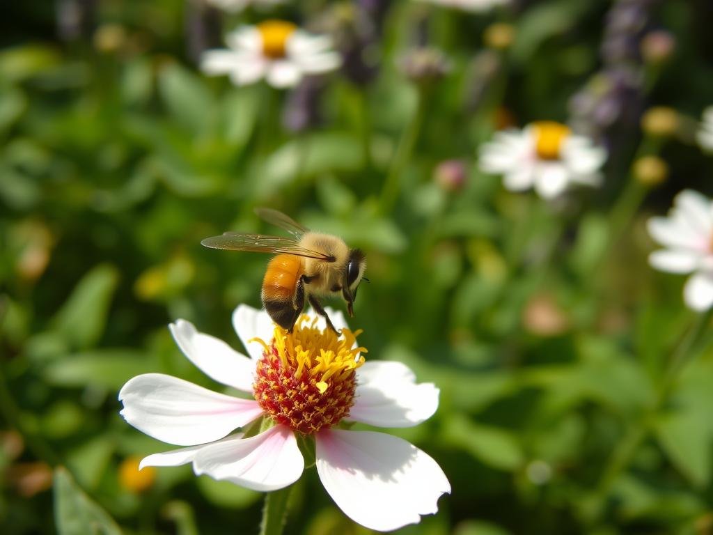 Immagine di un'ape che raccoglie nettare da un fiore in un ambiente incontaminato