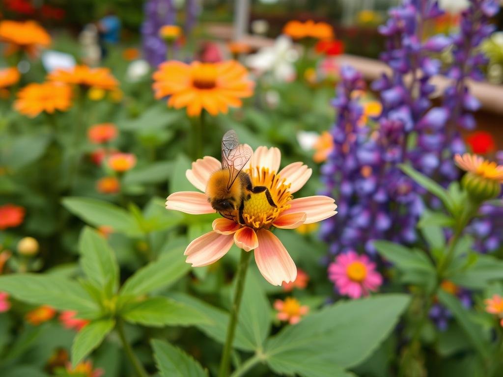Immagine di un'ape che raccoglie nettare da un fiore in un giardino urbano Immagine di un'ape che raccoglie nettare da un fiore in un giardino urbano
