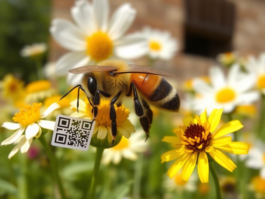 Immagine di un'api in un campo di fiori con un codice QR visibile su un alveare