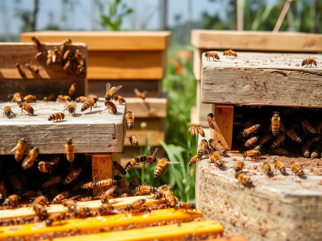 Immagine di un'apiaria Borvei con alveari e api al lavoro