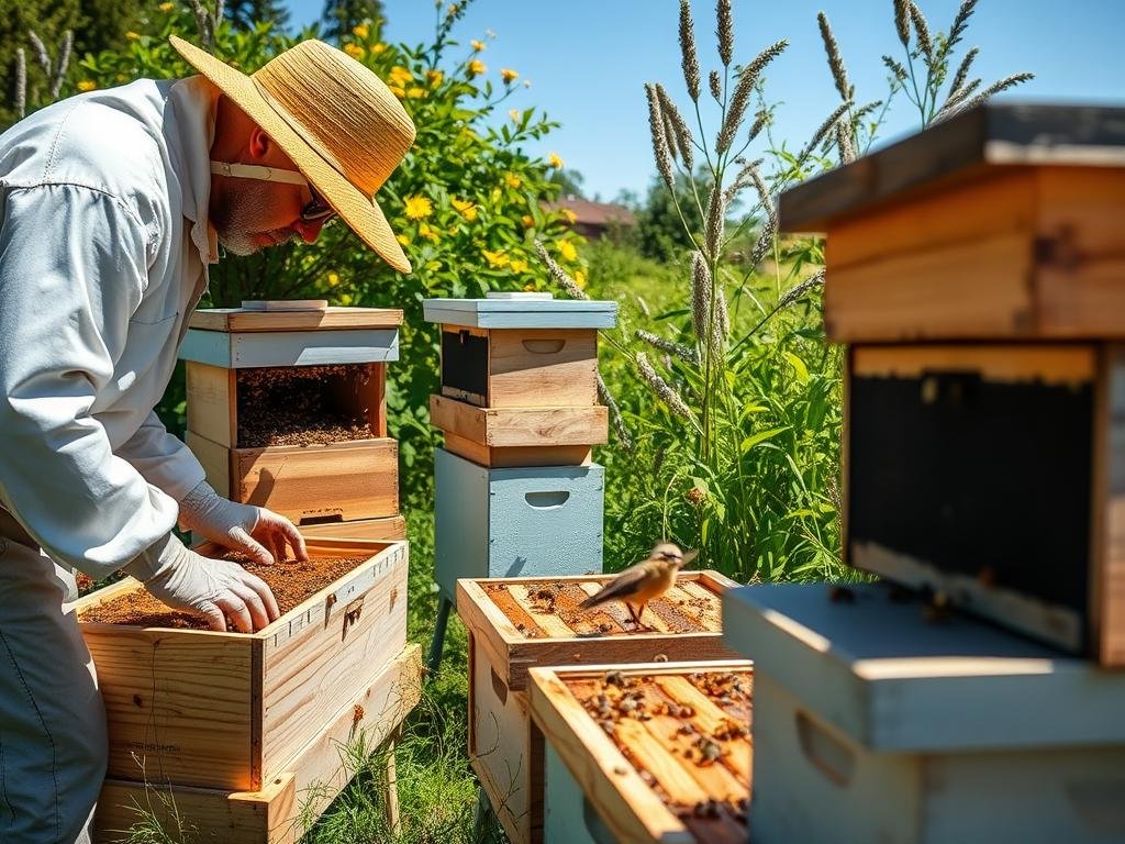 Immagine di un'apicoltore che esamina diverse arnie