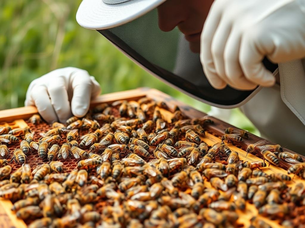 Immagine di un'apicoltore che esamina un alveare con api regine Immagine di un'apicoltore che esamina un alveare con api regine