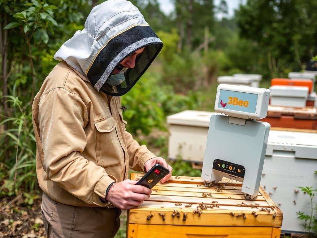 Immagine di un'apicoltore che utilizza il sistema 3Bee per monitorare le arnie