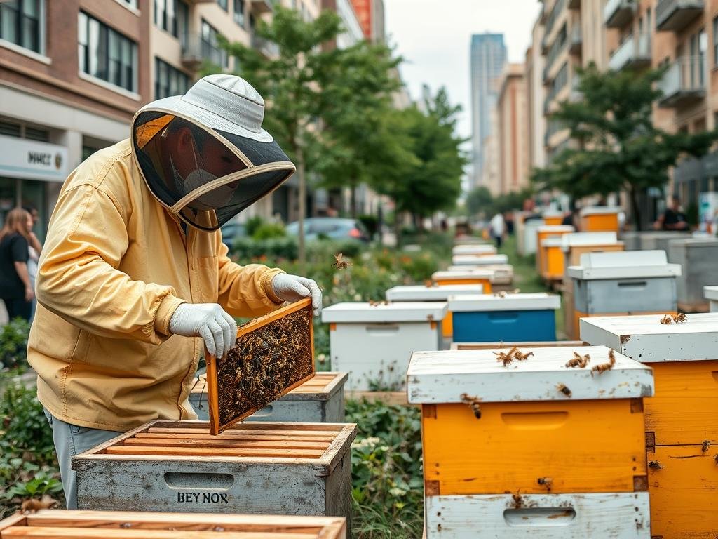 Immagine di un'apicoltore urbano all'opera