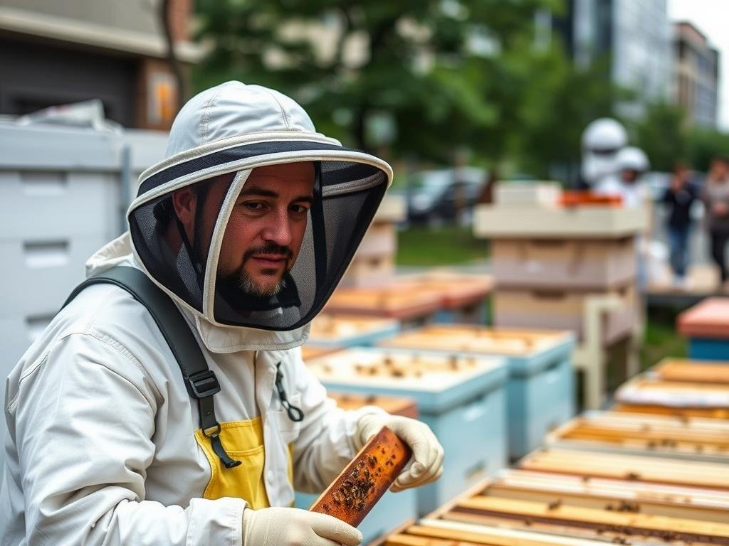 Immagine di un'apicoltore urbano con equipaggiamento protettivo leggero