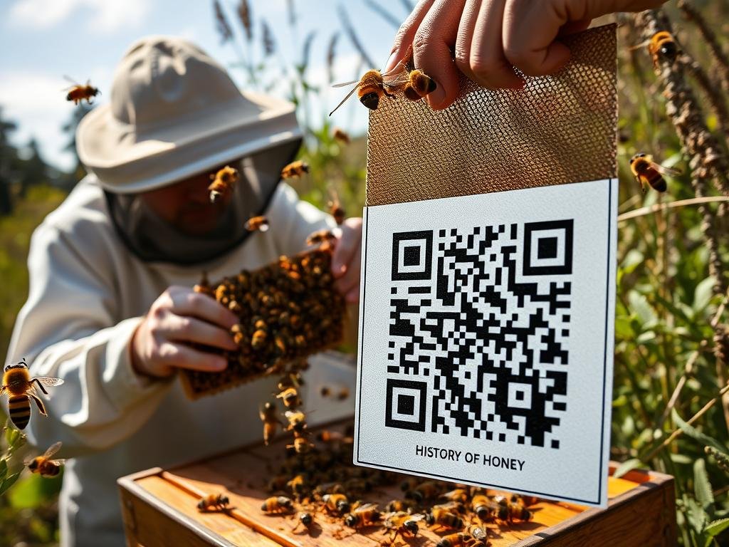 Immagine di un'apicoltura con un QR code che mostra la storia del miele