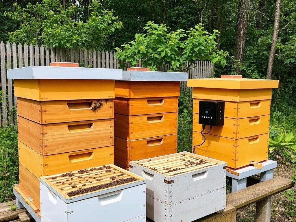 Immagine di un'apicoltura moderna con arnie high-tech