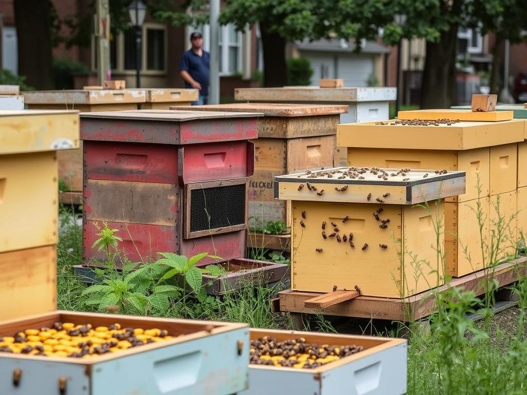 Immagine di un'apicoltura urbana con alveari posizionati in un quartiere cittadino Immagine di un'apicoltura urbana con alveari posizionati in un quartiere cittadino