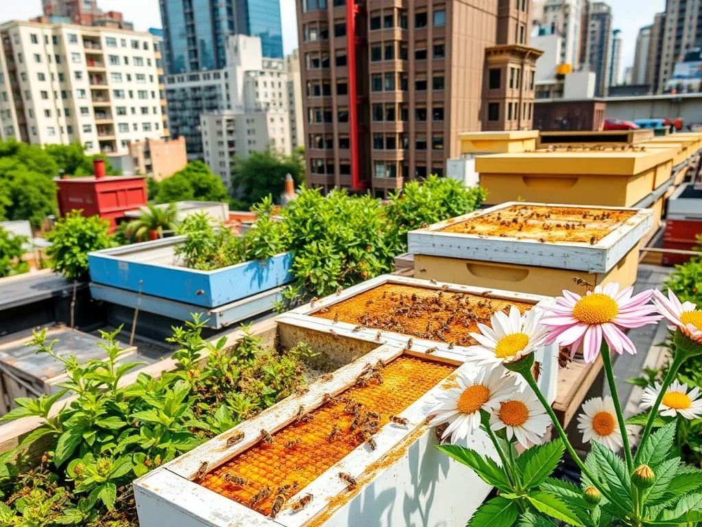 Immagine di un'apicoltura urbana con api che producono miele di alta qualità Immagine di un'apicoltura urbana con api che producono miele di alta qualità