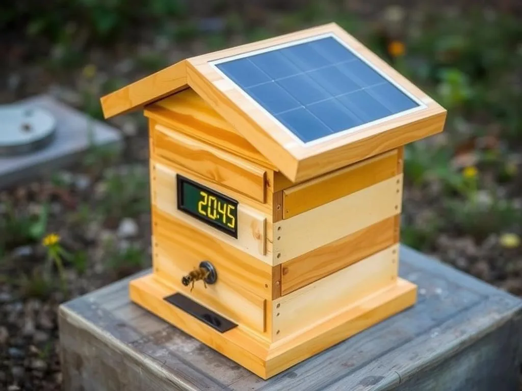 Immagine di un'arnia Solare con pannello solare e display digitale